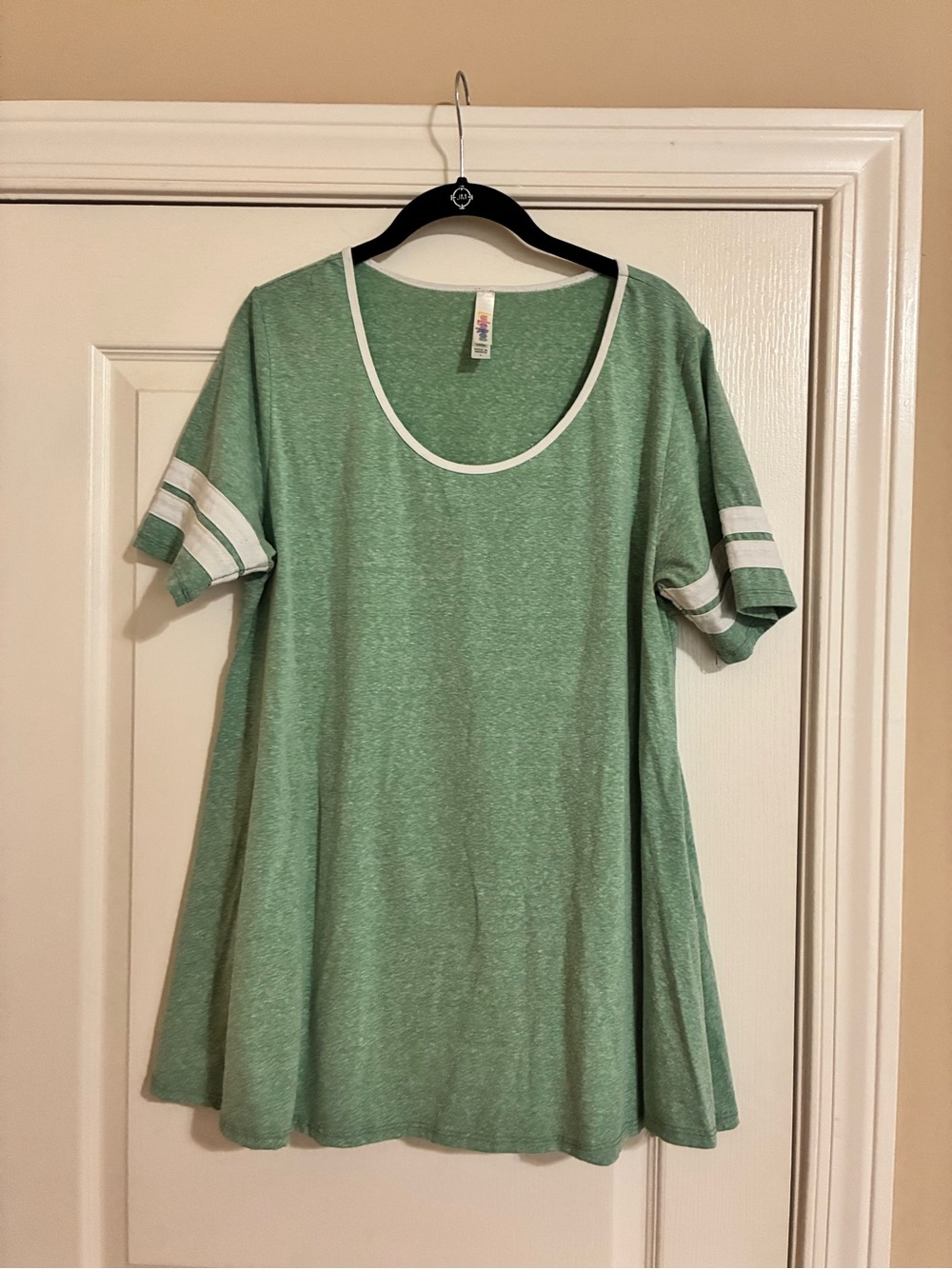LuLaRoe Green Perfect Tee with White Trim and Sleeve Stripes